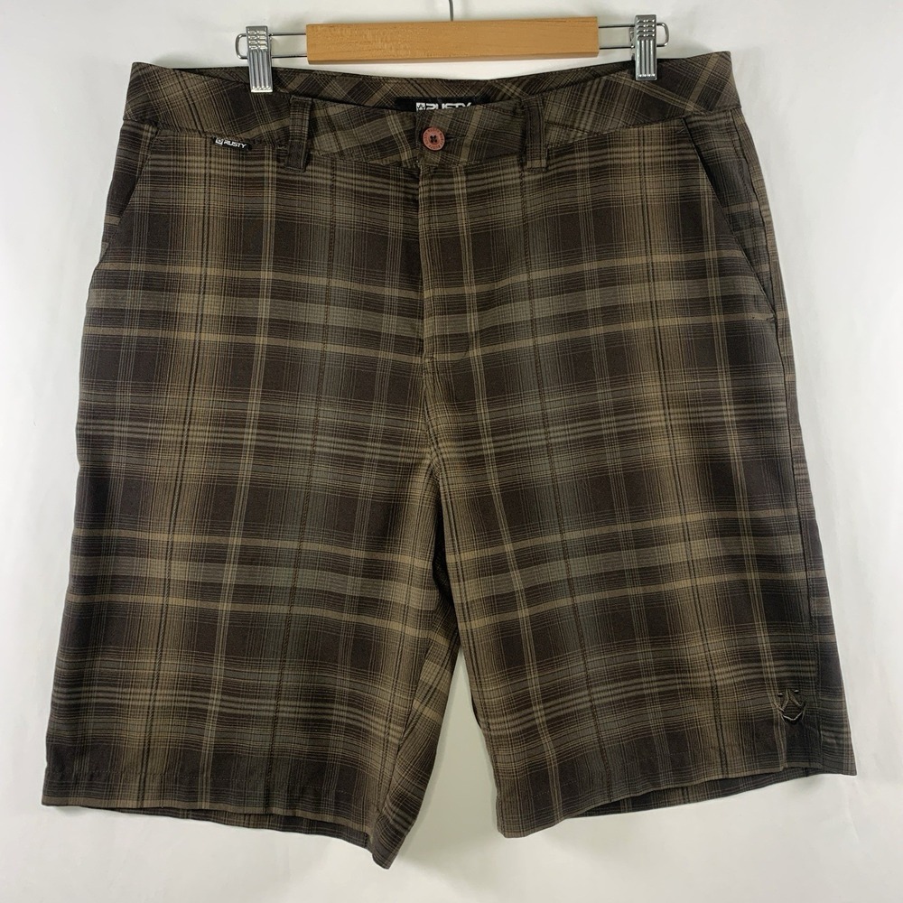 Rusty Mens Y2K Plaid Long Shorts Size 36 Brown Skate Surf Beach Earthy